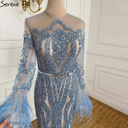 Serene Hill Muslim Blue Detachable Skirt Evening Dresses Gowns 2025 Feathers Beaded Mermaid Luxury For Women Party LA60932A - SERENE HILL