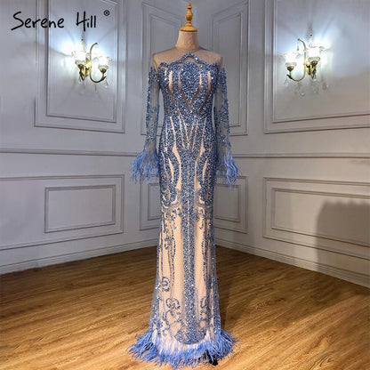 Serene Hill Muslim Blue Detachable Skirt Evening Dresses Gowns 2025 Feathers Beaded Mermaid Luxury For Women Party LA60932A - SERENE HILL
