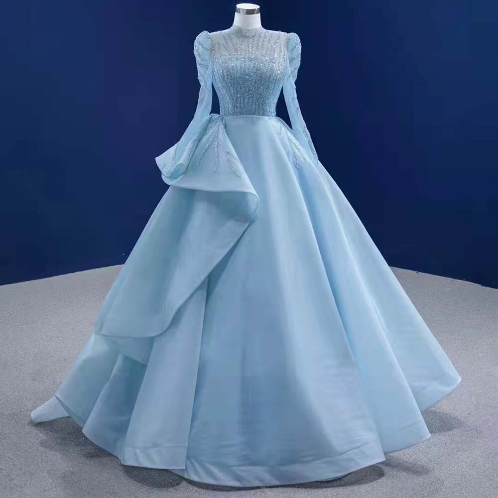 Serene Hill Muslim Blue Lace Up Wedding Dresses 2025 Beaded High-end Bridal Dress HM67392 Custom Made - SERENE HILL