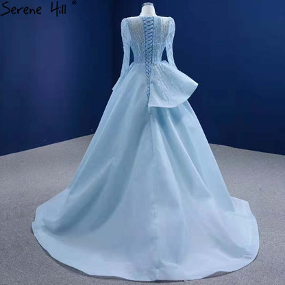 Serene Hill Muslim Blue Lace Up Wedding Dresses 2025 Beaded High-end Bridal Dress HM67392 Custom Made - SERENE HILL