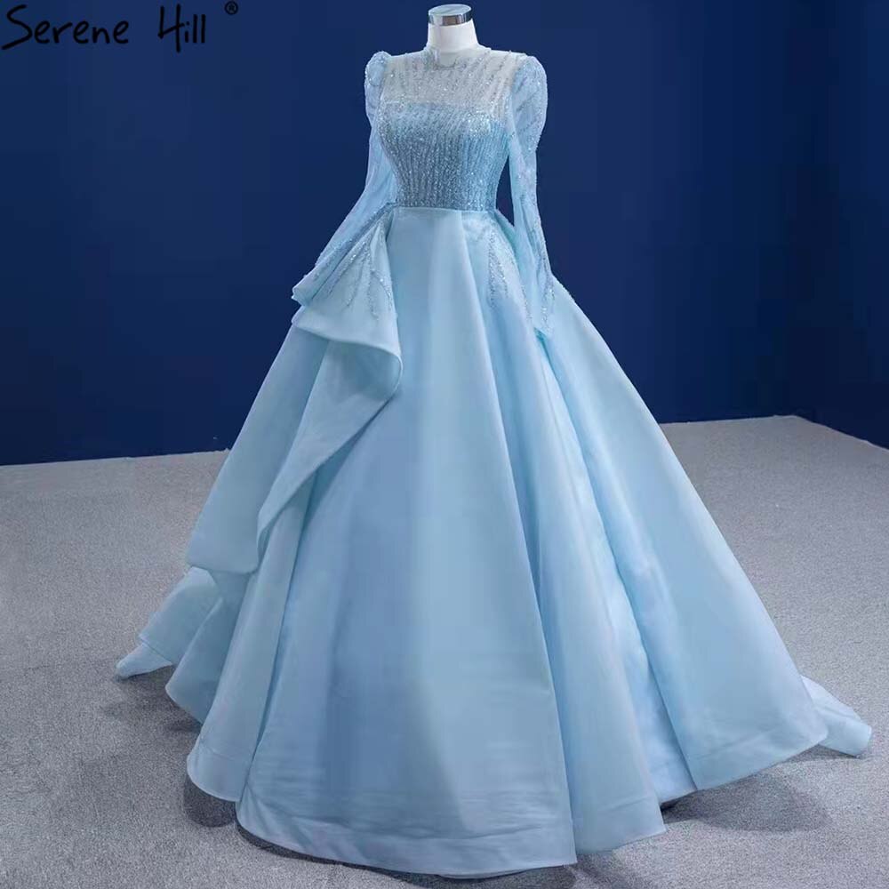 Serene Hill Muslim Blue Lace Up Wedding Dresses 2025 Beaded High-end Bridal Dress HM67392 Custom Made - SERENE HILL