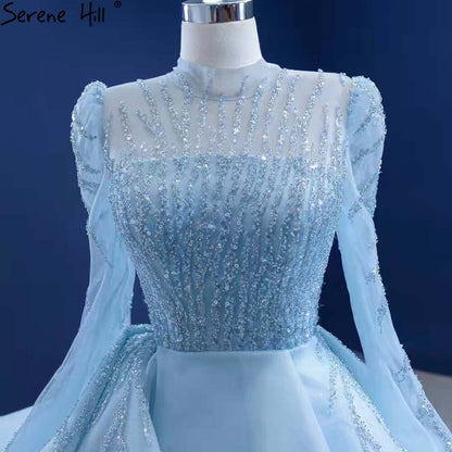 Serene Hill Muslim Blue Lace Up Wedding Dresses 2025 Beaded High-end Bridal Dress HM67392 Custom Made - SERENE HILL