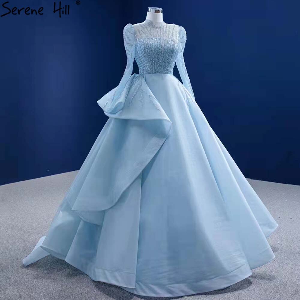 Serene Hill Muslim Blue Lace Up Wedding Dresses 2025 Beaded High-end Blue / 8