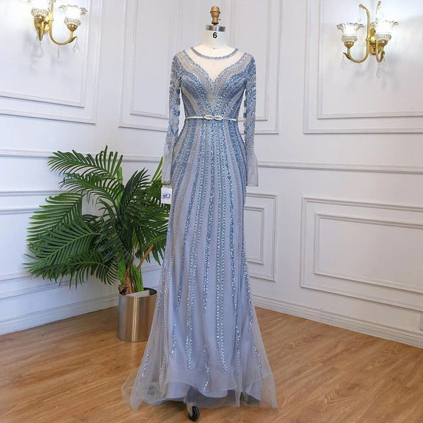 Serene Hill Muslim Blue Luxury Evening Dresses Gowns 2025 Mermaid Elegant Beaded For Women Party LA71374A
