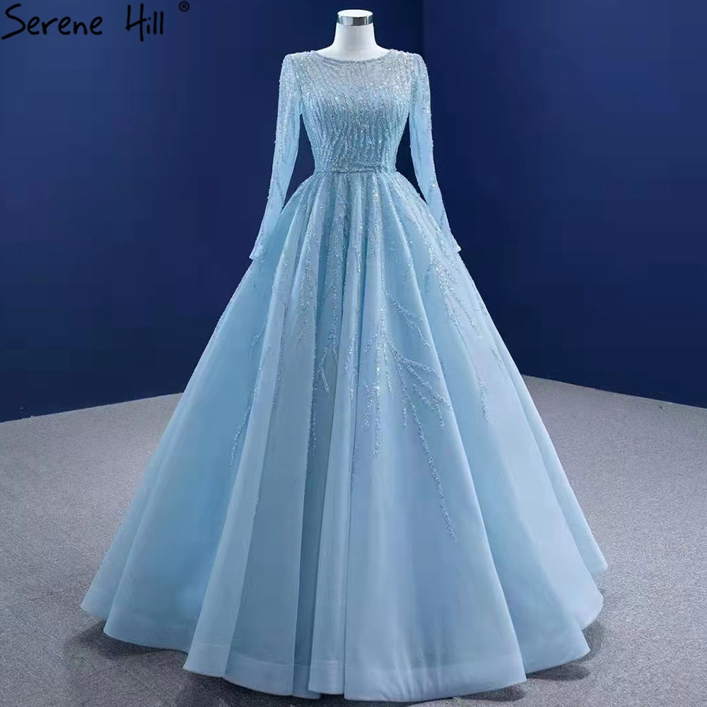 Serene Hill Muslim Blue Luxury Wedding Dresses 2025 Beaded Lace Up High-end Bridal Dress HM67395 Custom Made - SERENE HILL