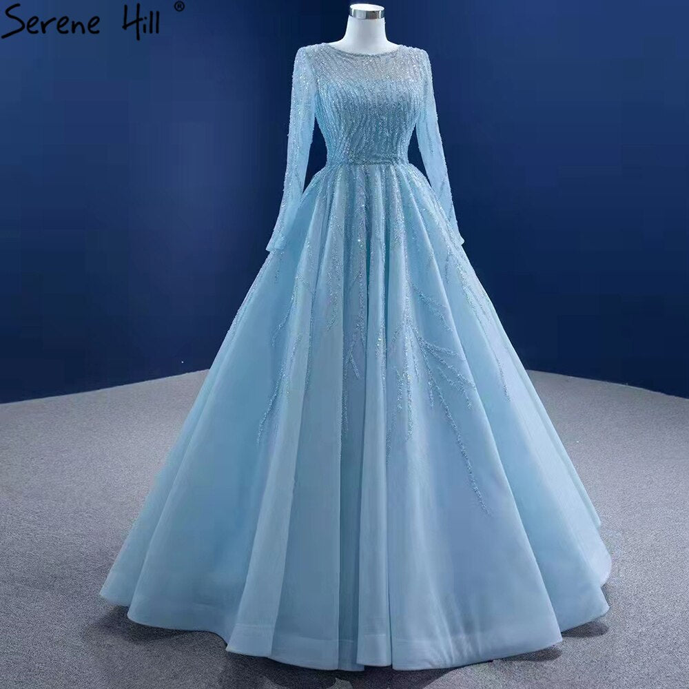 Serene Hill Muslim Blue Luxury Wedding Dresses 2025 Beaded Lace Up High-end Bridal Dress HM67395 Custom Made - SERENE HILL