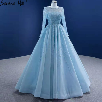 Serene Hill Muslim Blue Luxury Wedding Dresses 2025 Beaded Lace Up High-end Bridal Dress HM67395 Custom Made - SERENE HILL