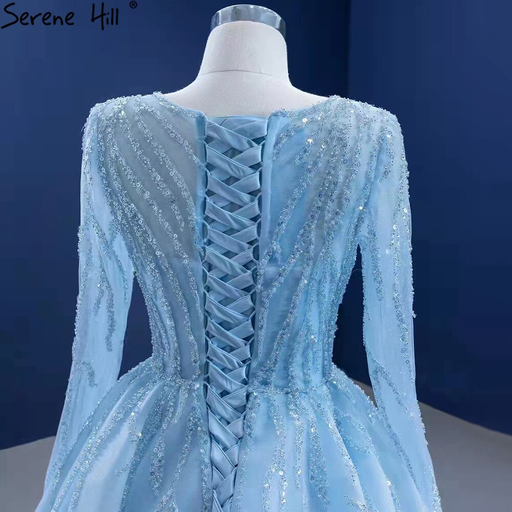 Serene Hill Muslim Blue Luxury Wedding Dresses 2025 Beaded Lace Up High-end Bridal Dress HM67395 Custom Made - SERENE HILL