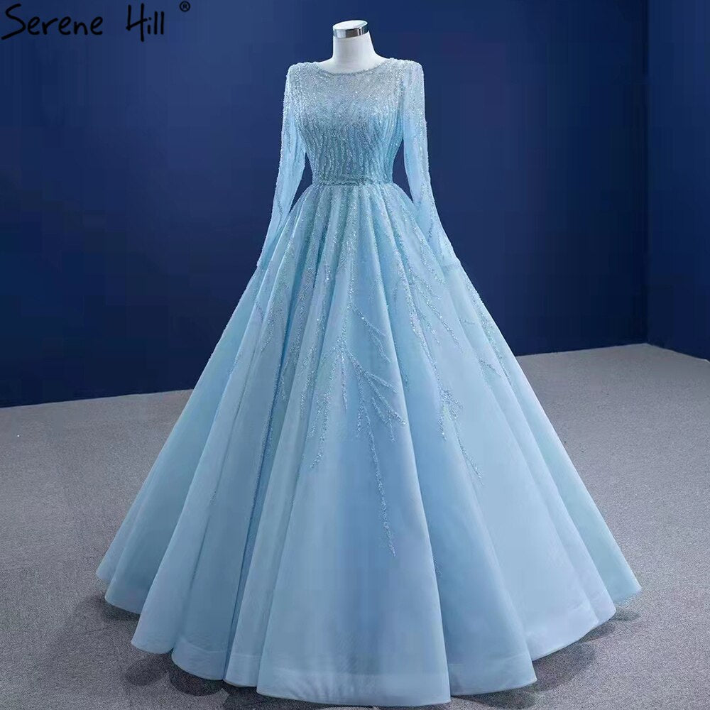 Serene Hill Muslim Blue Luxury Wedding Dresses 2025 Beaded Lace Up High-end Bridal Dress HM67395 Custom Made - SERENE HILL
