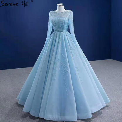 Serene Hill Muslim Blue Luxury Wedding Dresses 2025 Beaded Lace Up High-end Bridal Dress HM67395 Custom Made - SERENE HILL