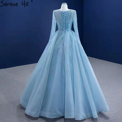 Serene Hill Muslim Blue Luxury Wedding Dresses 2025 Beaded Lace Up High-end Bridal Dress HM67395 Custom Made - SERENE HILL