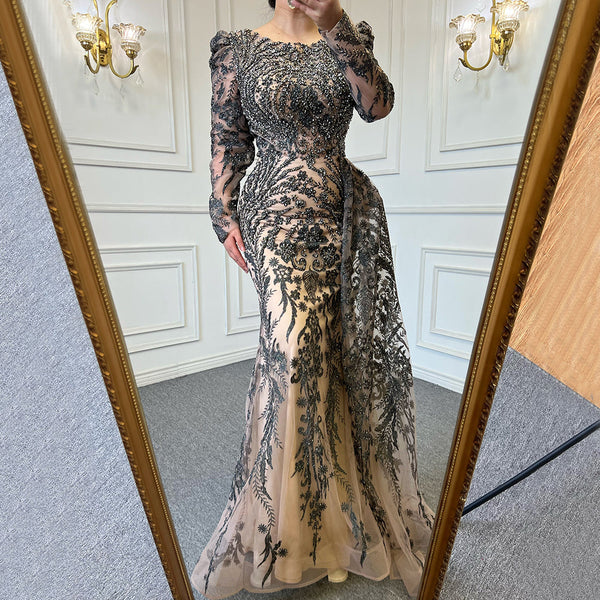 Muslim Brown Luxury Beaded Mermaid Evening Dress with Overskirt LA71610