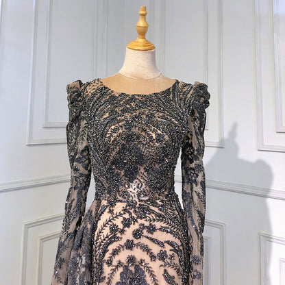 Muslim Brown Luxury Beaded Mermaid Evening Dress with Overskirt LA71610 - SERENE HILL