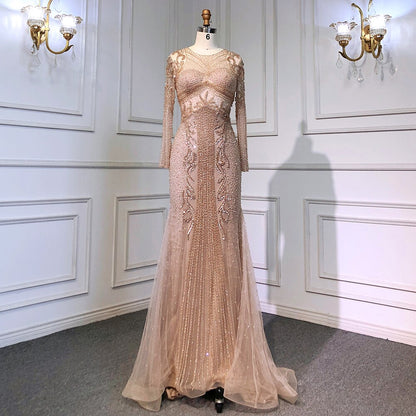 Serene Hill Muslim Caramel Evening Dresses Gowns Luxury Beading Elegant Mermaid 2025 For Women Party LA70289 - SERENE HILL
