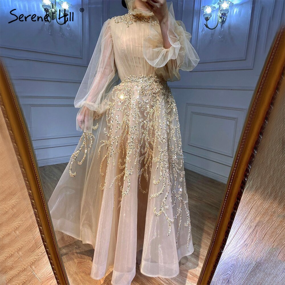 Luxury Champagne Long Sleeve Muslim Evening Dress LA71035 - SERENE HILL