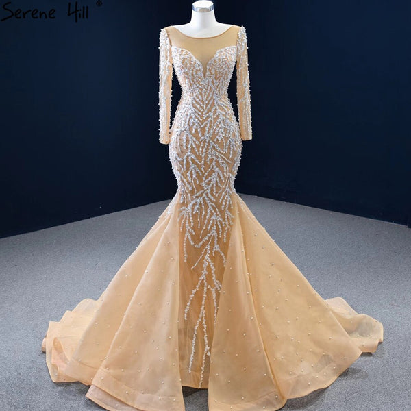 Serene Hill Muslim Champange Mermaid Evening Dresses 2025 Luxury Beading Elegant Party   Gowns For Women HM67211