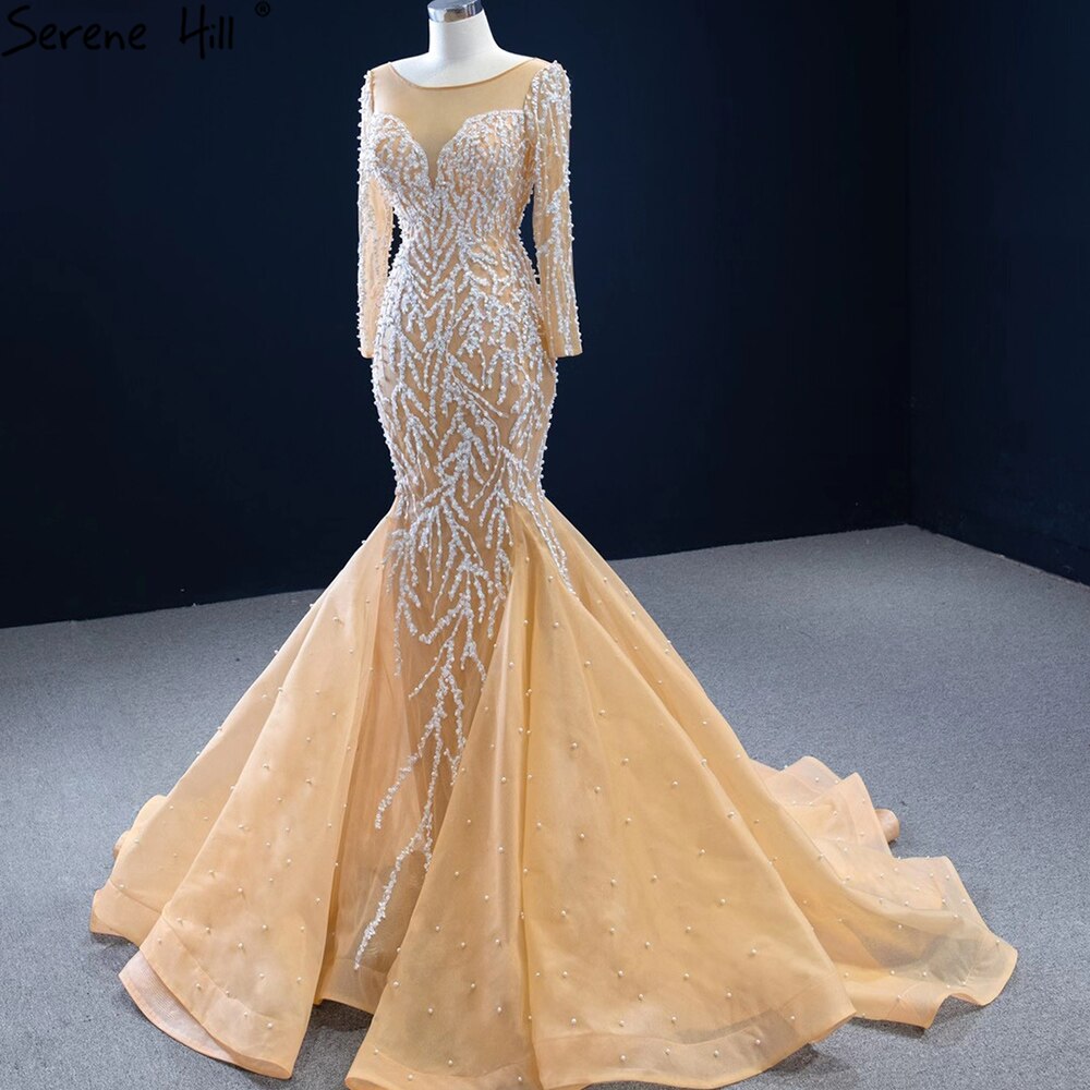 Serene Hill Muslim Champange Mermaid Evening Dresses 2025 Luxury Beading Elegant Party Gowns For Women HM67211 - SERENE HILL