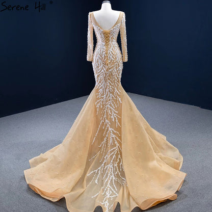 Serene Hill Muslim Champange Mermaid Evening Dresses 2025 Luxury Beading Elegant Party Gowns For Women HM67211 - SERENE HILL