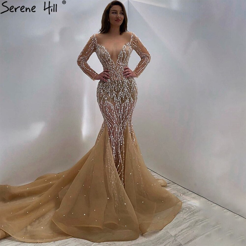 Serene Hill Muslim Champange Mermaid Evening Dresses 2025 Luxury Beading Elegant Party Gowns For Women HM67211 - SERENE HILL