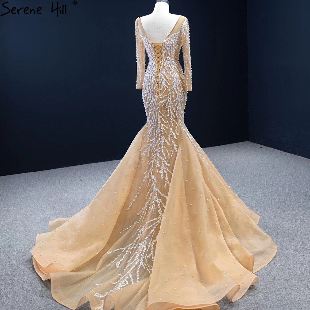 Serene Hill Muslim Champange Mermaid Evening Dresses 2025 Luxury Beading Elegant Party Gowns For Women HM67211 - SERENE HILL