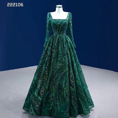 Serene Hill Muslim Dark Green Luxury Beaded Appliques Lace Up Ball Gowns Wedding Dress 2025 High End Custom Made HM222106 - SERENE HILL