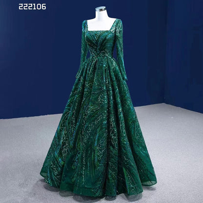 Serene Hill Muslim Dark Green Luxury Beaded Appliques Lace Up Ball Gowns Wedding Dress 2025 High End Custom Made HM222106 - SERENE HILL