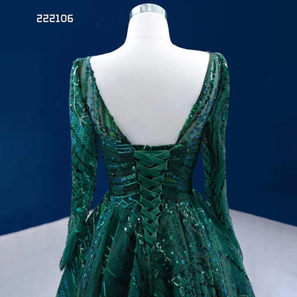 Serene Hill Muslim Dark Green Luxury Beaded Appliques Lace Up Ball Gowns Wedding Dress 2025 High End Custom Made HM222106 - SERENE HILL