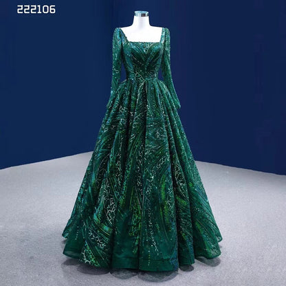 Serene Hill Muslim Dark Green Luxury Beaded Appliques Lace Up Ball Gowns Wedding Dress 2025 High End Custom Made HM222106 - SERENE HILL