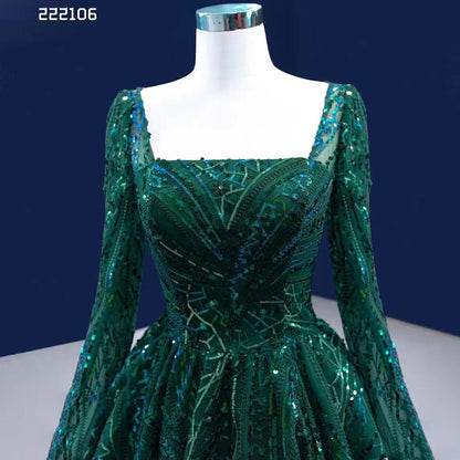 Serene Hill Muslim Dark Green Luxury Beaded Appliques Lace Up Ball Gowns Wedding Dress 2025 High End Custom Made HM222106 - SERENE HILL