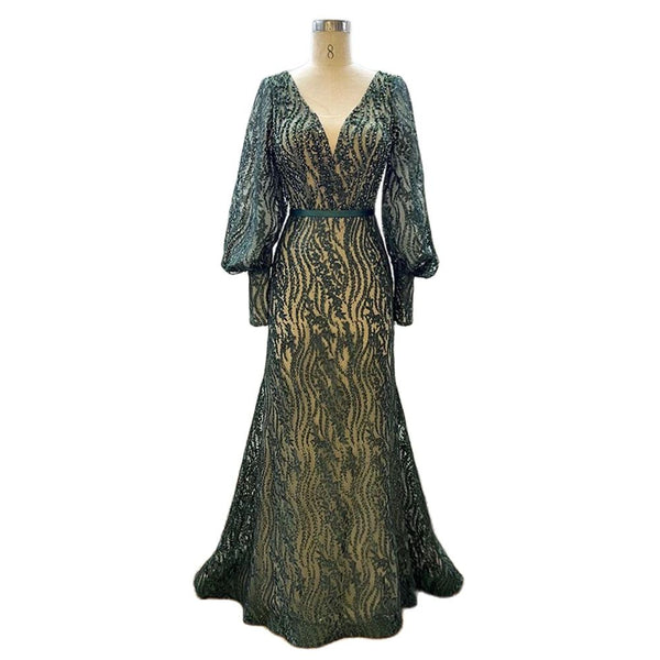 Serene Hill Muslim Elegant Puff Sleeves Green Mermaid V-Neck  Luxury Beaded Evening Dresses Gowns For Women Party 2025 LA71800