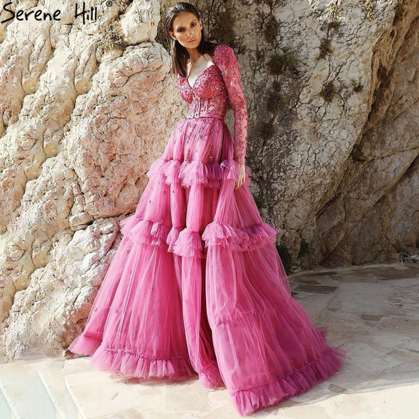 Serene Hill Muslim Fuschia Luxury Evening Dresses Gowns 2025 A-Line Beaded Tiered For Women Party LA70986