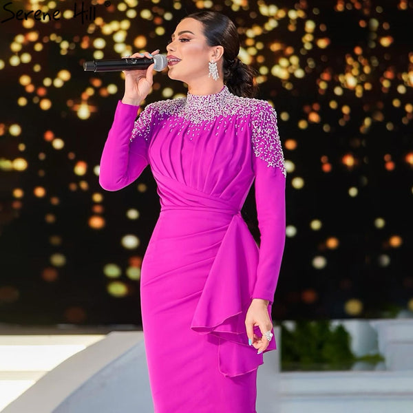 Serene Hill Muslim Fuschia Mermaid Evening Dresses Gowns 2025 Beading Elegant For Women Wedding Party LA71004