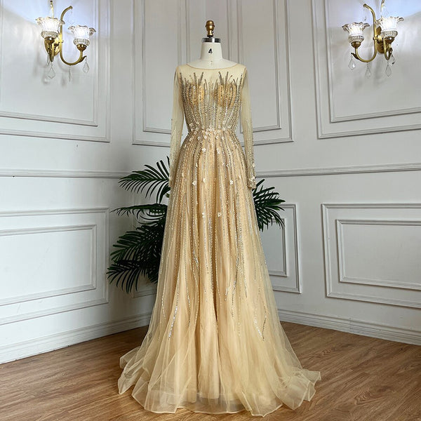 Serene Hill Muslim Gold A Line Beaded Crystal Appliques Luxury Long Evening Dresses Gowns For Women Wedding Party 2025 LA71957