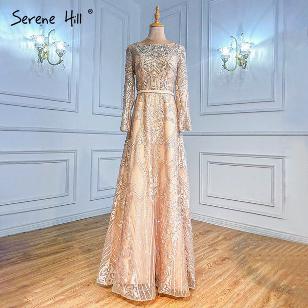 Serene Hill Muslim Gold A-Line Evening Dresses Gowns 2025 Beaded Luxury For Woman Wedding Party LA70778