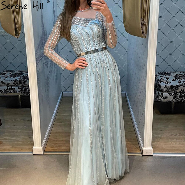 Serene Hill Muslim Gold A-Line Evening Dresses Gowns 2025 Luxury Beaded Sashes For Women Party LA71458