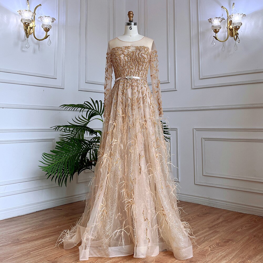 Serene Hill Muslim Gold A Line Lace Beaded Feathers Arabic Luxury Evening Dresses Gowns 2025 For Women Wedding Party LA71935 - SERENE HILL