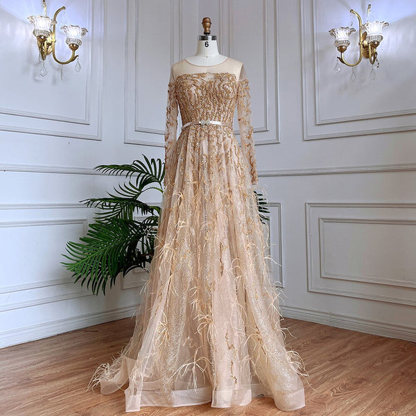 Serene Hill Muslim Gold A Line Lace Beaded Feathers Arabic Luxury Evening Dresses Gowns 2025 For Women Wedding Party LA71935