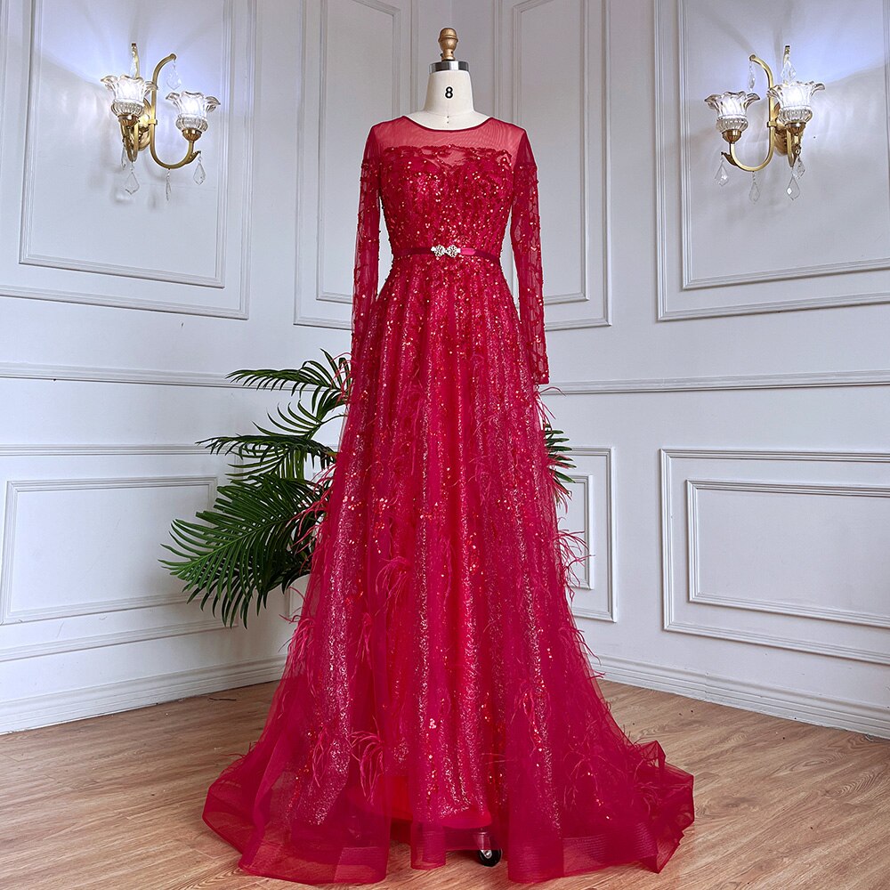 Serene Hill Muslim Gold A Line Lace Beaded Feathers Arabic Luxury Evening Dresses Gowns 2025 For Women Wedding Party LA71935 - SERENE HILL