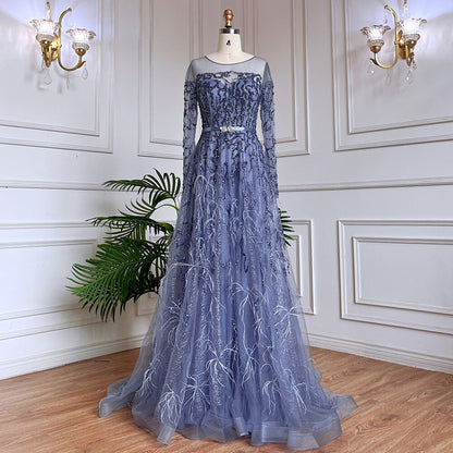 Serene Hill Muslim Gold A Line Lace Beaded Feathers Arabic Luxury Evening Dresses Gowns 2025 For Women Wedding Party LA71935 - SERENE HILL