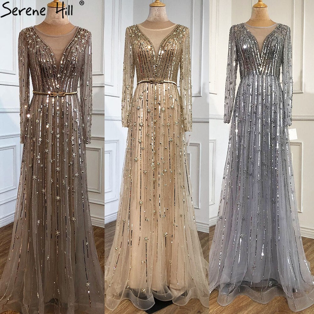 Serene Hill Muslim Gold A-Line Luxury Evening Dresses Gowns 2025 Sparkle Beading Long Sleeves Sexy For Women Party LA70674 - SERENE HILL