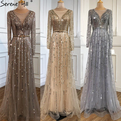 Serene Hill Muslim Gold A-Line Luxury Evening Dresses Gowns 2025 Sparkle Beading Long Sleeves Sexy For Women Party LA70674 - SERENE HILL