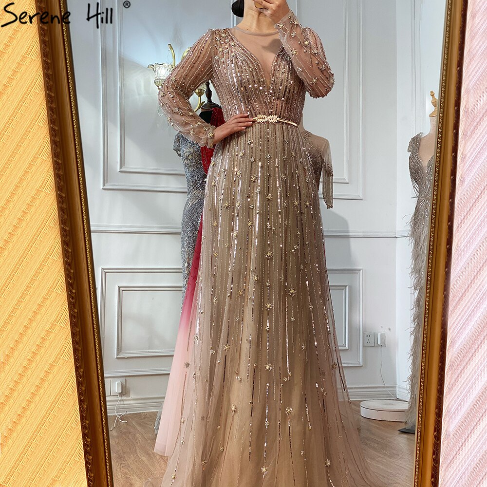 Serene Hill Muslim Gold A-Line Luxury Evening Dresses Gowns 2025 Sparkle Beading Long Sleeves Sexy For Women Party LA70674 - SERENE HILL