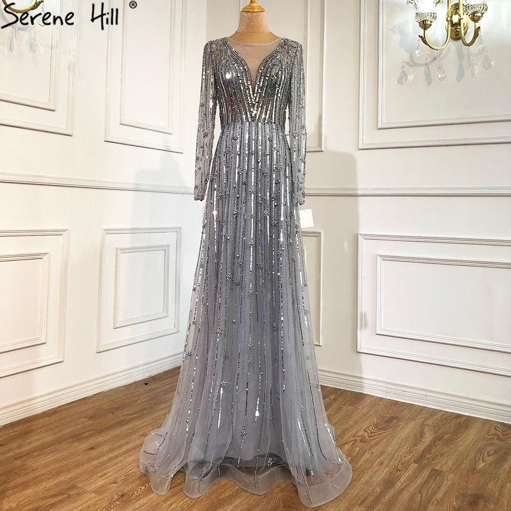 Serene Hill Muslim Gold A-Line Luxury Evening Dresses Gowns 2025 Sparkle Beading Long Sleeves Sexy For Women Party LA70674 - SERENE HILL