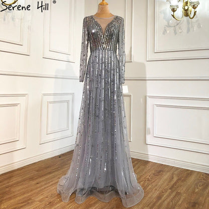 Serene Hill Muslim Gold A-Line Luxury Evening Dresses Gowns 2025 Sparkle Beading Long Sleeves Sexy For Women Party LA70674 - SERENE HILL