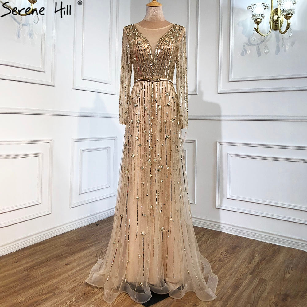 Serene Hill Muslim Gold A-Line Luxury Evening Dresses Gowns 2025 Sparkle Beading Long Sleeves Sexy For Women Party LA70674 - SERENE HILL