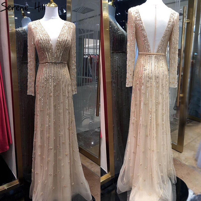 Serene Hill Muslim Gold A-Line Luxury Evening Dresses Gowns 2025 Sparkle Beading Long Sleeves Sexy For Women Party LA70674 - SERENE HILL