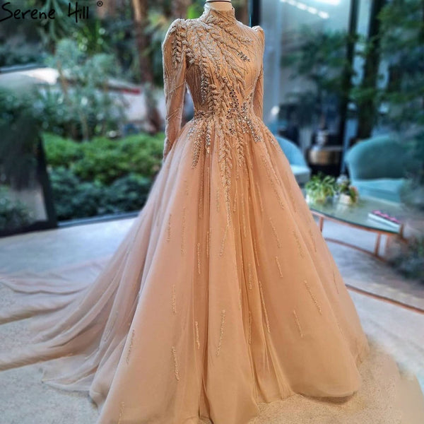 Serene Hill Muslim Gold Luxury Ball Gowns Evening Dress 2025 Long Sleeves Beading Women For Women Party  LA71013