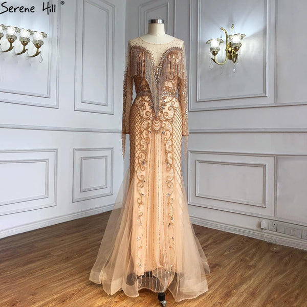 Serene Hill Muslim Gold Luxury Evening Dresses Gowns 2025  Beaded Tassels Elegant For Women Party LA60780