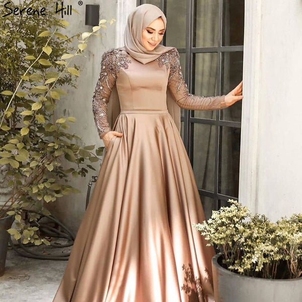 Serene Hill Muslim Gold Luxury Evening Dresses Gowns 2025 Beading Luxury For Women Wedding Party LA71069