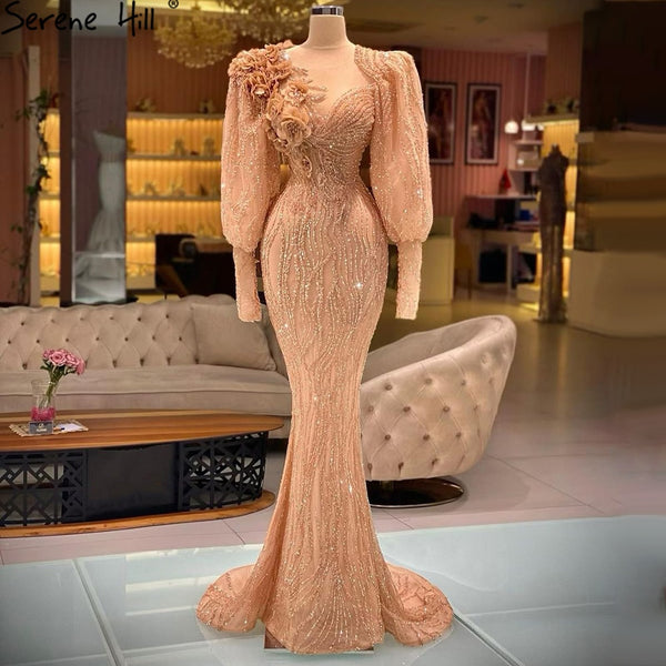 Serene Hill Muslim Gold Luxury Evening Dresses Gowns 2025 Puff Sleeves Mermaid Elegant For Women Party LA70984